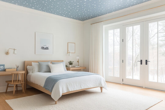 Cozy and modern bedroom with soft blue and white decor, minimalist design, large windows and star-themed ceiling