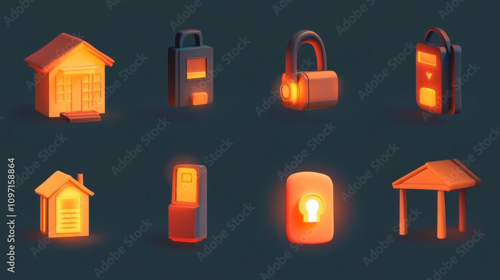 Poster illuminated 3d models of homes and security devices