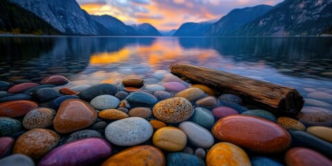 Colorful pebbles along a tranquil lake at sunset in the mountains