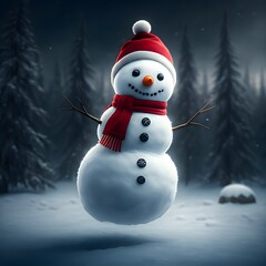 Obraz premium A hyper-realistic, 4K image of a snowman wearing a red hat and scarf, standing in a snowy landscape. The snowman has a carrot nose, coal eyes, and stick arms. The background is a solid pure white colo