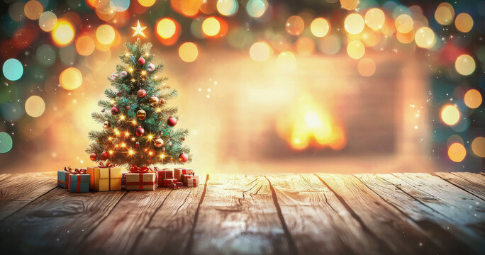 Colorido y brillante fondo navide&ntilde;o con madera en primer plano con espacio vacio a modo de expositor, miniarbol de navidad, cajas de regalos y fondo desenfocado con bokeh  y chimenea encendida