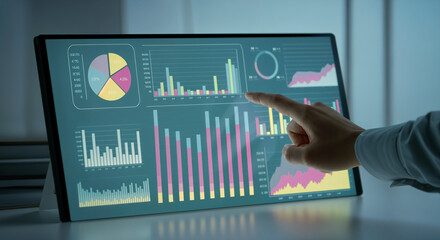 Analyzing digital data on interactive screen with dynamic charts and graphs