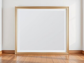 A frame mockup on a polished wooden floor with natural lighting, mockup, artwork, empty