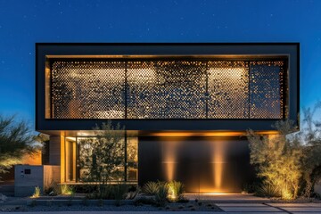 Ultra-modern home front with a perforated metal facade and recessed lighting, clear night sky.