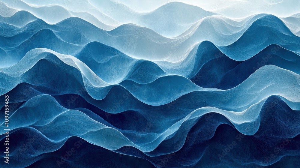 Poster abstract waves in varying shades of blue, creating a serene visual effect.
