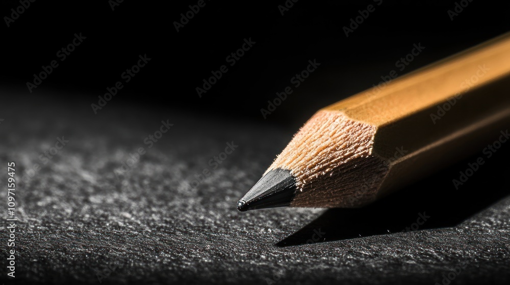 Poster close up of a sharpened graphite pencil on dark surface