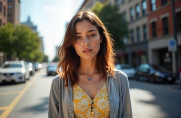 Fototapeta premium Young Indian woman street city. Unhappy girl serious face urban background. Regular woman 30s sad. Daily life portrait. Casual wear floral dress. Female model unhappy mood.