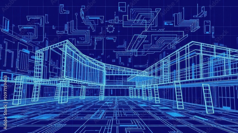 Poster a blueprint effect generator creating intricate abstract patterns, concept, architecture, digital