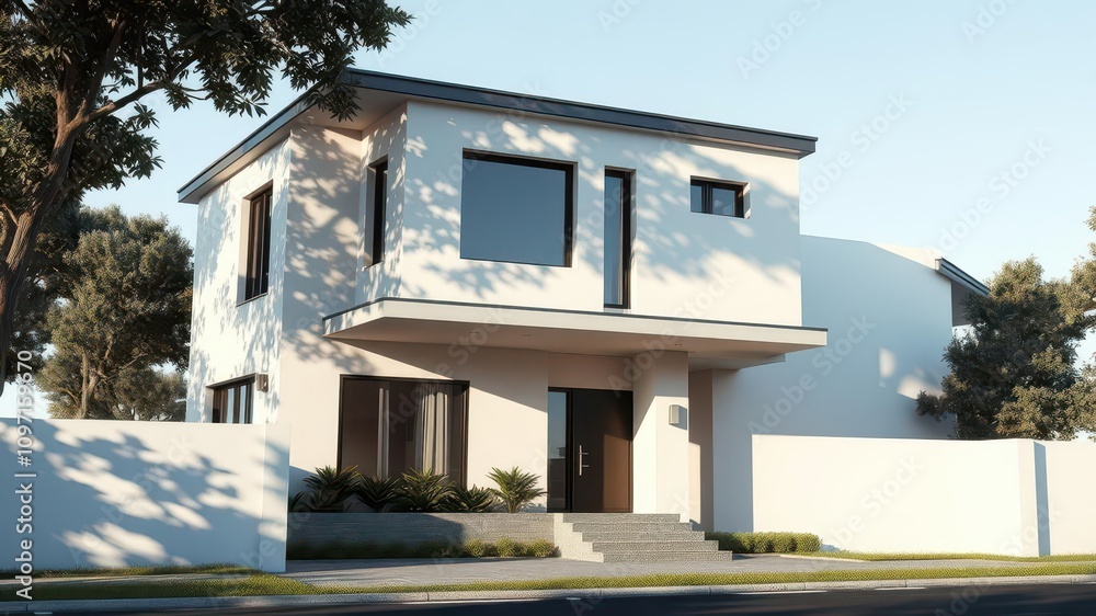 Poster abstract 3d rendering of a modern house with sleek lines and large windows, set against a minimalist