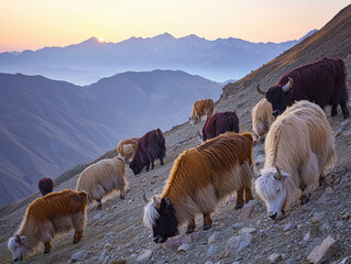 Naklejka premium Colourful yaks grazing along a mountain ridge at sunrise, with a breathtaking view of distant peaks and valleys.