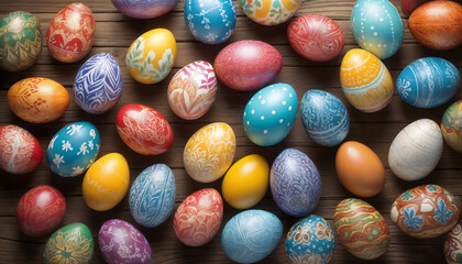 Colorful Easter eggs on wooden table top view, festive decoration, copy space