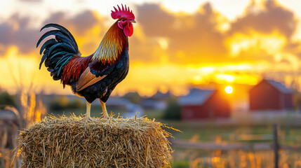 A rooster on haystack with glowing barns under a dramatic countryside sunrise, capturing a vibrant farm life.