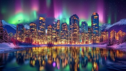 Fototapeta premium Aurora Borealis illuminates a winter city skyline reflected in a frozen lake.