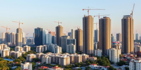 Naklejka premium Aerial view of modern apartment building under construction in a city landscape, urban, project, investment
