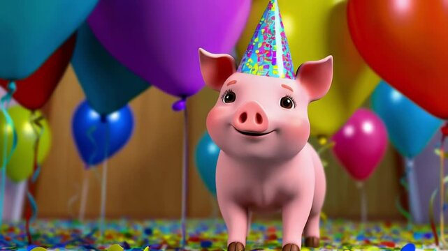 Cute birthday scene with a cheerful pig in a party hat, surrounded by vibrant confetti and balloons