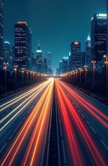 Night city highway. Fast cars traffic. Red, yellow light trails. Modern skyscrapers. Urban landscape. Evening city. Transportation. Cityscape Road Night. Lights. Speed. City life. Urban scene.