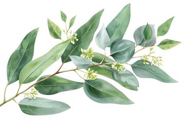 Eucalyptus branches with green leaves and buds in a botanical watercolor style. Detailed botanical illustration for design and print.  Ayurveda, ayurvedic herbs, Generative AI