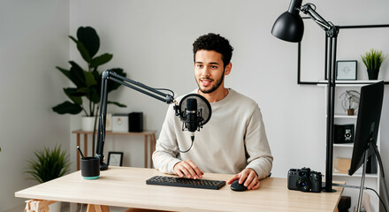 Young content creator recording in home studio with microphone and camera
