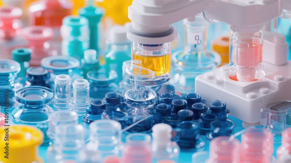 Poster colorful laboratory equipment and fluids in testing process