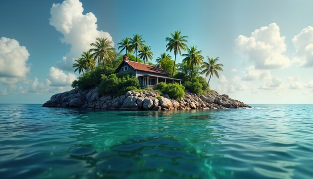 Tropical island house sits on rocks surrounded by calm ocean. Palm trees grow nearby. Clear turquoise water. Idyllic island paradise. Vacation getaway. Oceanfront property. Climate change impact.