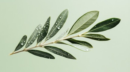 A close-up of an olive branch with water droplets on a soft green background.