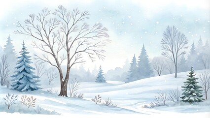 Fototapeta premium Winter, snow trees watercolor horizontal banner 