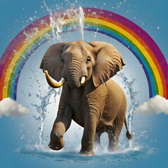 Happy Elephant with Rainbow