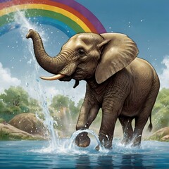 Happy Elephant with Rainbow