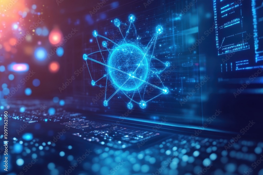 Poster digital representation of a molecular structure on a futuristic computer interface at night