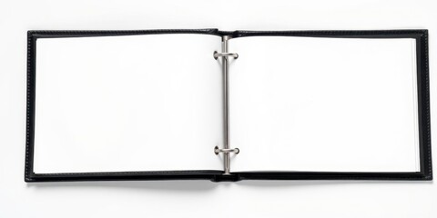 Open vertical photo album mockup with black leather cover and blank white pages for showcasing images, vertical, layout, photography