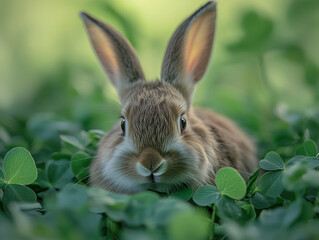 Obraz premium A relaxed bunny resting in a clover-filled meadow, showcasing the harmony of nature’s beauty.