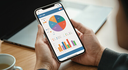 Analyzing data on smartphone screen with graphs and charts in office setting