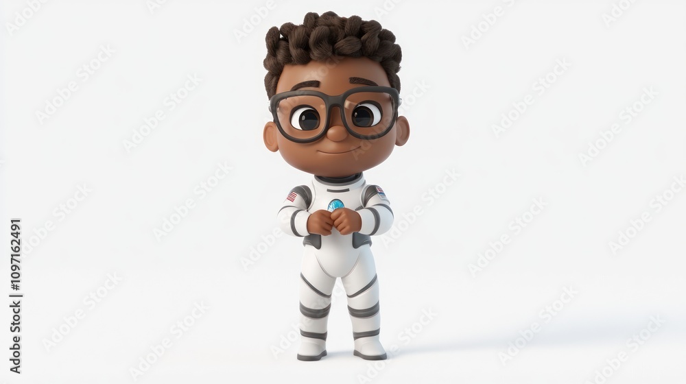Poster a cartoon character in a space suit, representing curiosity and exploration.