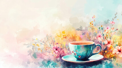 Soft watercolor painting featuring a teacup nestled among vibrant flowers, creating a serene and inviting atmosphere