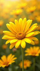 Obraz premium Bright yellow sunflower with vibrant petals and green leaves against a soft beige background, creating a cheerful and nature-inspired floral design