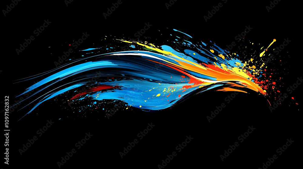 Poster Vivid colors colliding and swirling in dynamic composition, creating energetic splashes and streaks on a dark backdrop