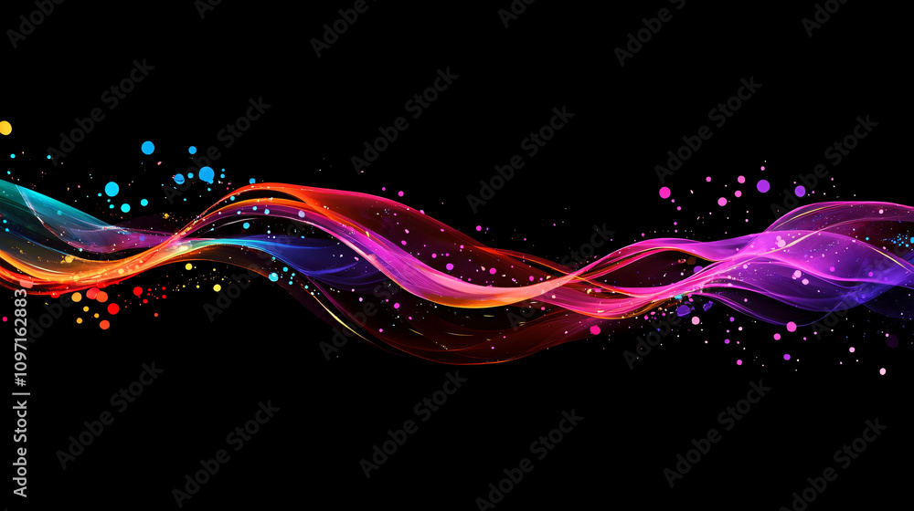 Poster colorful particles flowing on a dark backdrop, forming an abstract wave pattern ideal for digital ar