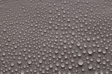 Water drops on gray background, top view