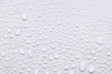 Water drops on light gray background, top view