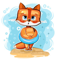 Little fox on beach. Animal isolated on white background. Sticker. Fun cartoon style. Vector