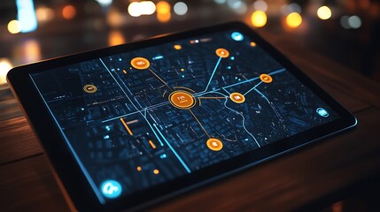 A digital map displayed on a tablet, showcasing urban connectivity and navigation features.