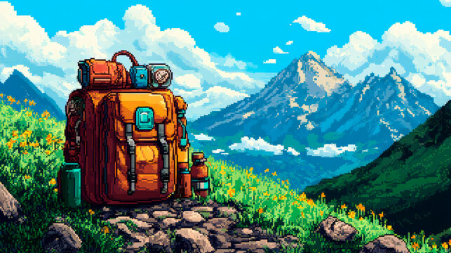 Pixel-style backpack with travel gear on mountain trail