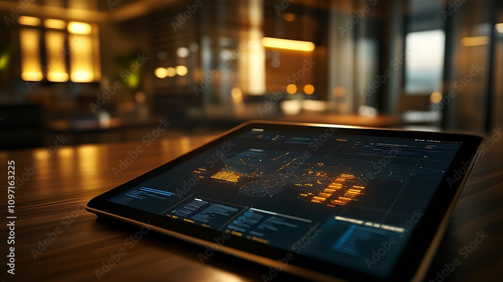 Poster a tablet displaying complex data visualizations in a modern, ambient workspace.