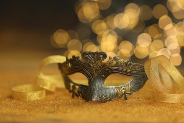 Beautiful carnival mask on golden shiny surface against blurred lights, closeup