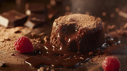 Capturing the Essence of a Vegan Molten Chocolate Cake in a Warm Setting with Rustic Elegance and Close-up Detail