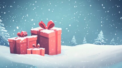 Christmas and holiday gifts on a snowy winter background, perfect for festive designs.