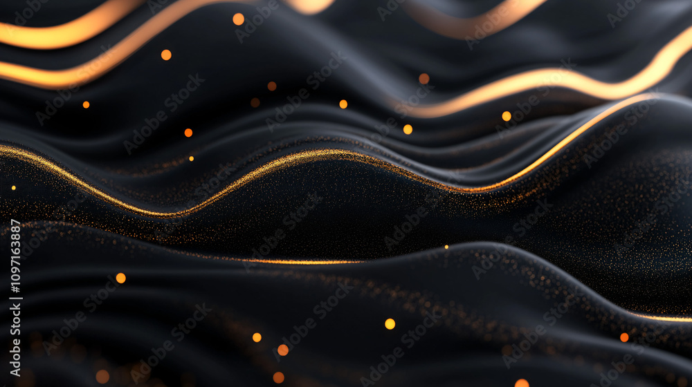 Poster golden particles flowing and glowing over a dark wavy surface creating a luxurious and elegant abstr