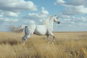 Obraz premium Majestic black horse galloping in a vibrant green meadow under a bright blue sky, embodying freedom, strength, and natural beauty in a serene countryside setting