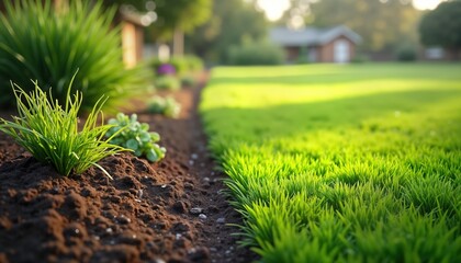 Lush green grass grows in a garden. Fertilized soil shows plant growth. Bright sunlight illuminates a backyard lawn. Landscaping enhances home curb appeal. Nature thrives after fertilizing.