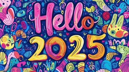 Colorful hand-drawn "Hello 2025" doodle for New Year greeting cards and t-shirt designs.
